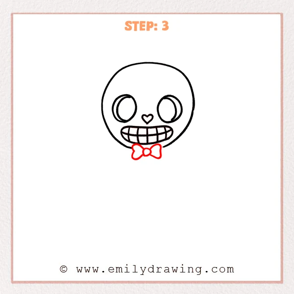how to draw a cartoon skeleton - A cartoon skeleton skull with a big toothy grin and a simple bow tie added under the chin.